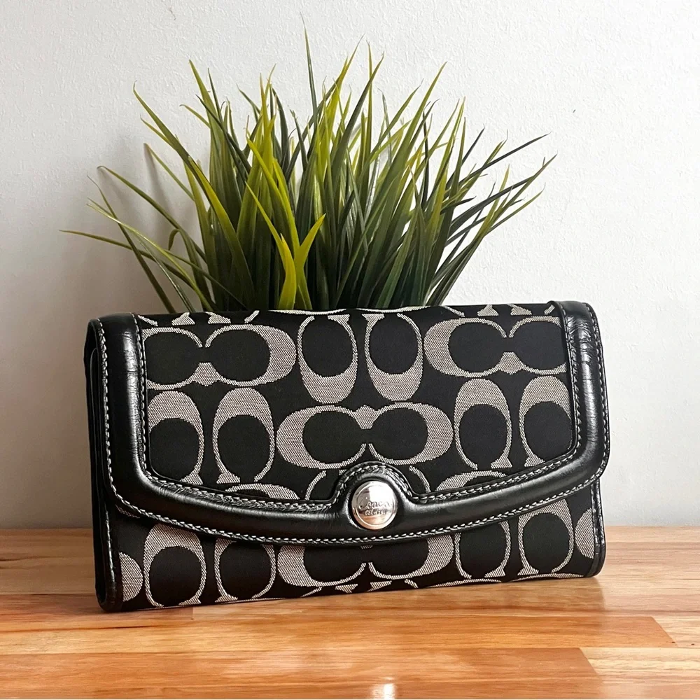 Vintage Coach Signature Jacquard Leather Black and Gray Continental Wallet - Picture 1 of 13